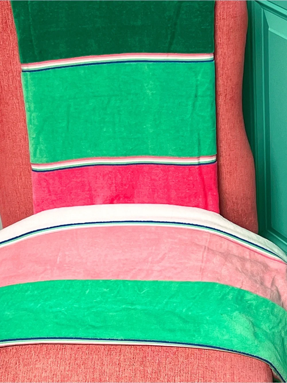 NWT Caro 100% cotton SO Soft! Vibrant Striped Beach Towel in Green, Pink & white